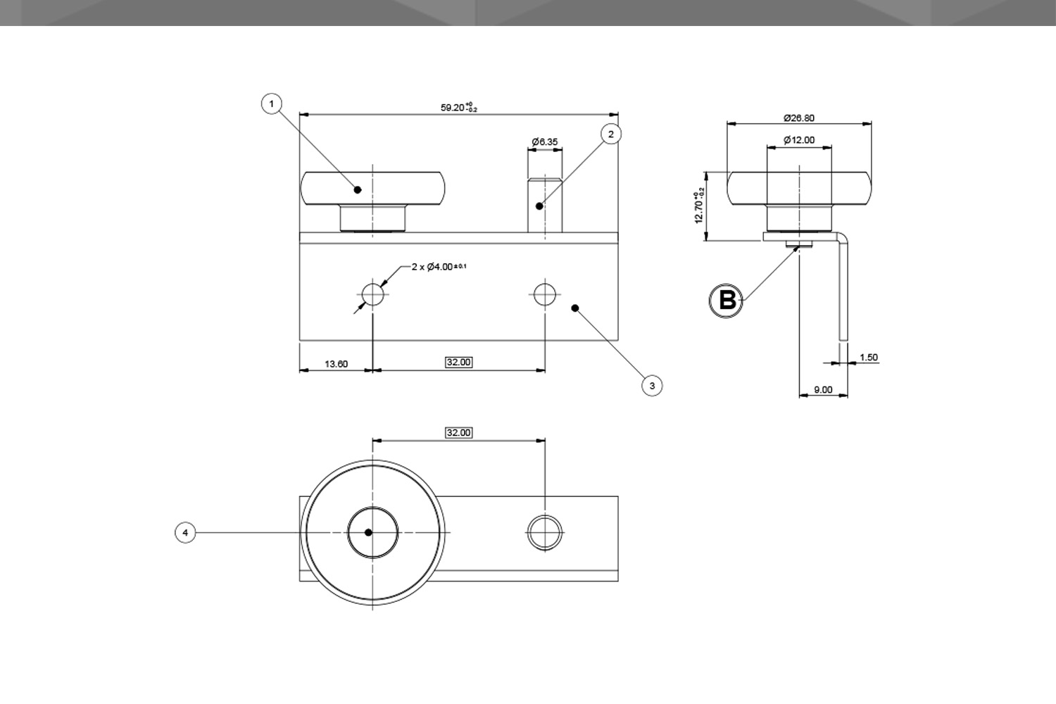 Desenho Técnico Guia RM Cantoneira Chapa Aço 1 Rodízio Ø26,8 mm POM Natural AF.5 mm Lado Direito