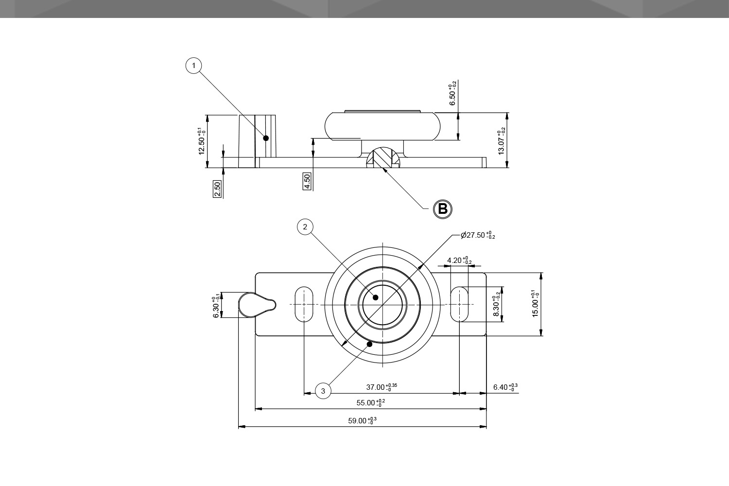 Desenho Técnico Guia RM Plana 1 Rodízio Ø27,50 mm x 6,5 mm TPE  AF.5