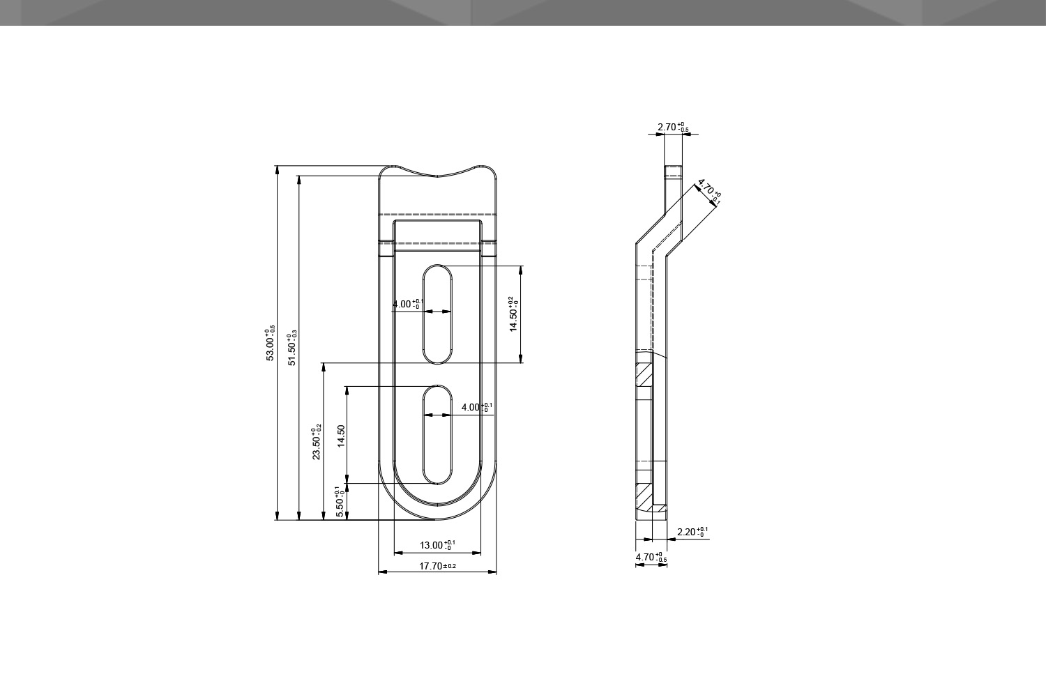 Desenho Técnico Guia RM Curva Corpo POM Cinza 2,5 x 17,7 mm Espessura 2,9 mm