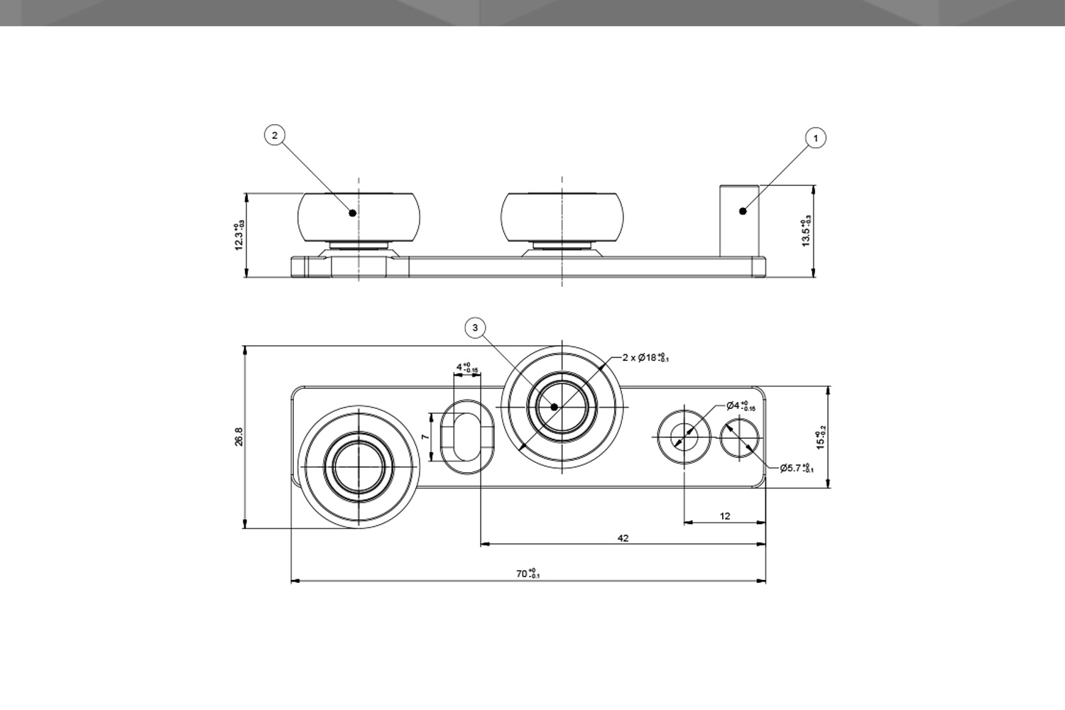 Desenho Técnico Guia RM POM 2 Rodízio Ø18 mm Escareado 14 x 70 mm Eixo Deslocado