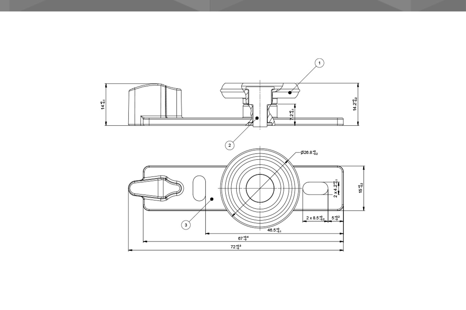 Desenho Técnico Guia RM Reta  1 Rodízio Ø26,8 mm POM Encaixe Reforçado