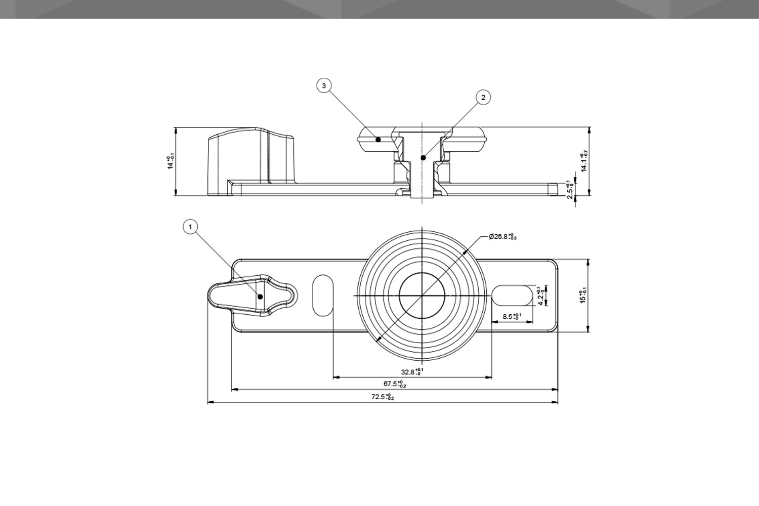 Desenho Técnico Guia RM Reta Corpo POM 1 Rodízio Ø26,8 mm TPE Encaixe Reforçado