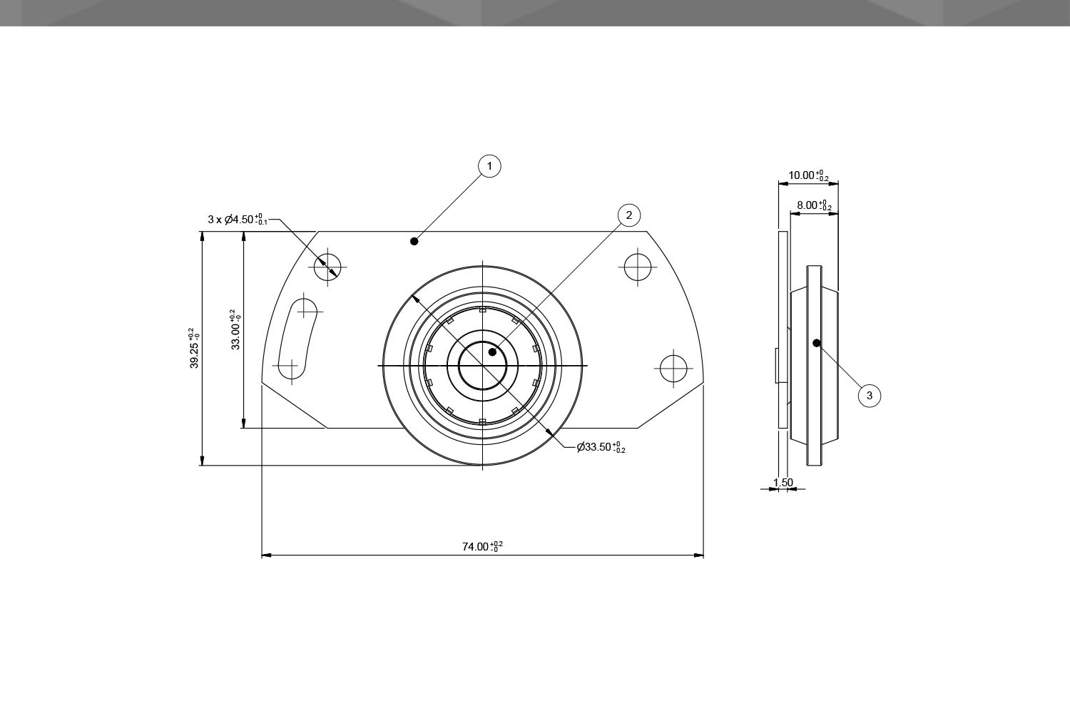 Desenho Técnico Roldana RM chapa repuxada 33,5mm | com rolamento | sem afastamento