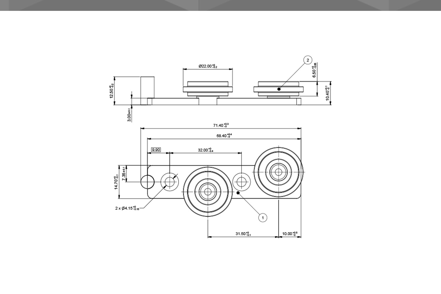 Desenho Técnico Guia RM POM 2 Rodízio Ø22 x 6 mm Escareado 32 mm