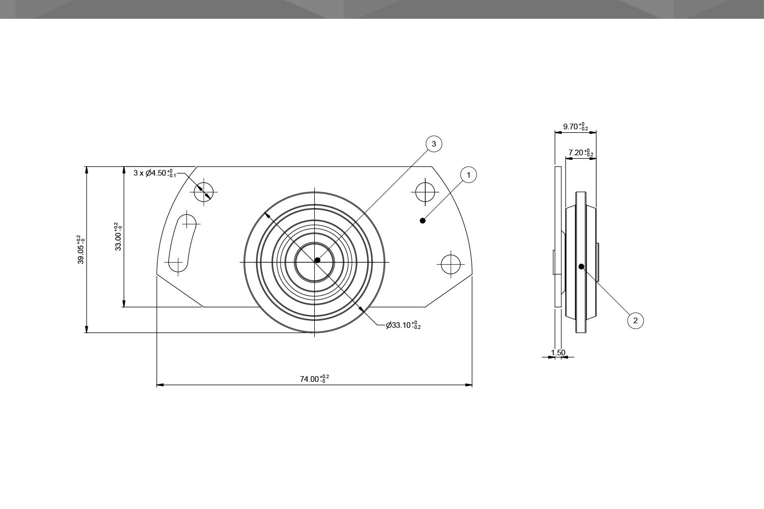 Desenho Técnico Roldana RM chapa repuxada 33,5mm | sem rolamento | sem afastamento