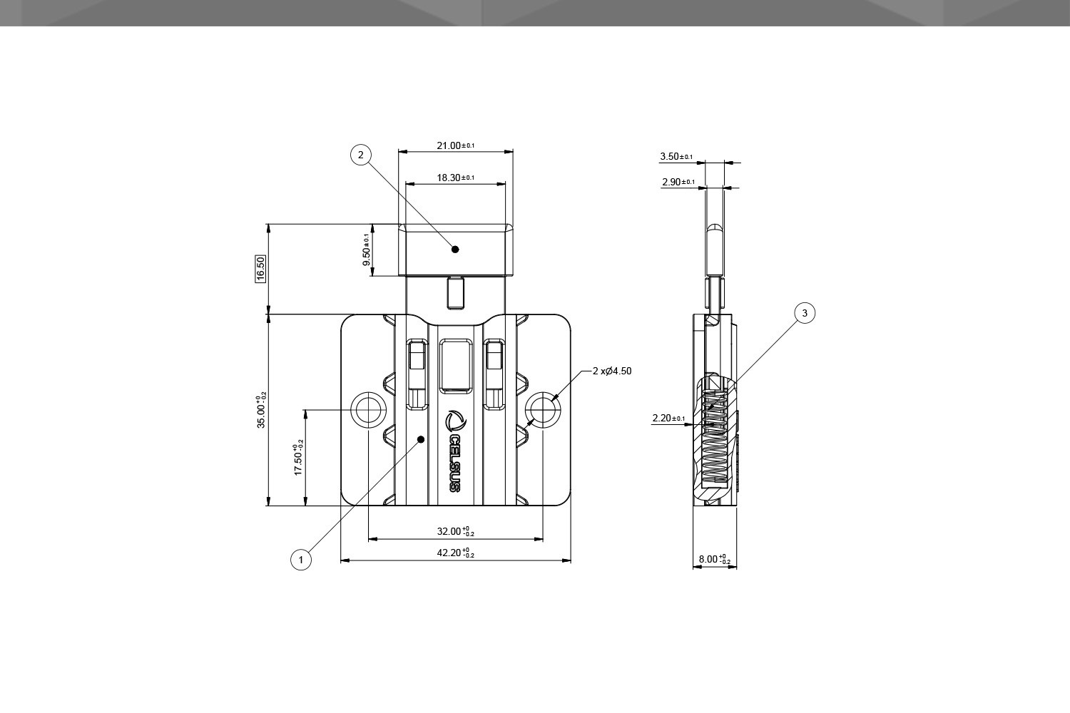 Desenho Técnico Guia RM Plana Corpo POM Chapa Nylon Com Mola 2,8mm Fina