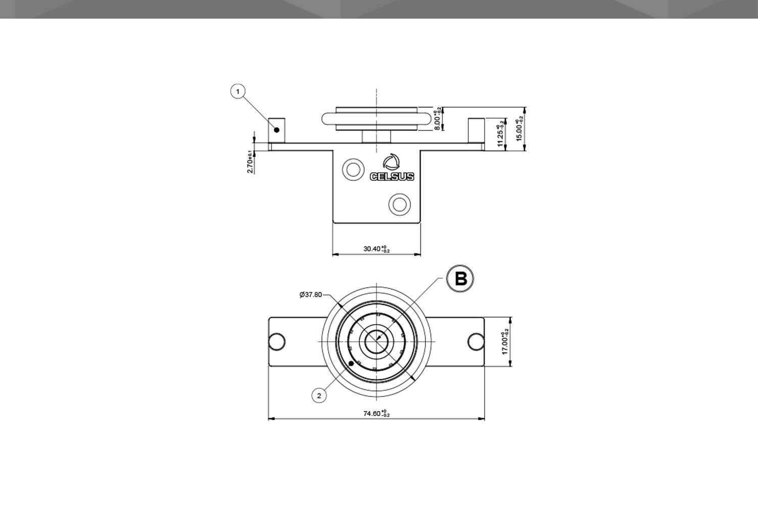 Desenho Técnico Guia RM Cantoneira Chapa Zamak 2,7 x 19,8 mm 1 Rodízio Ø37,8mm TPE Com Rolamento