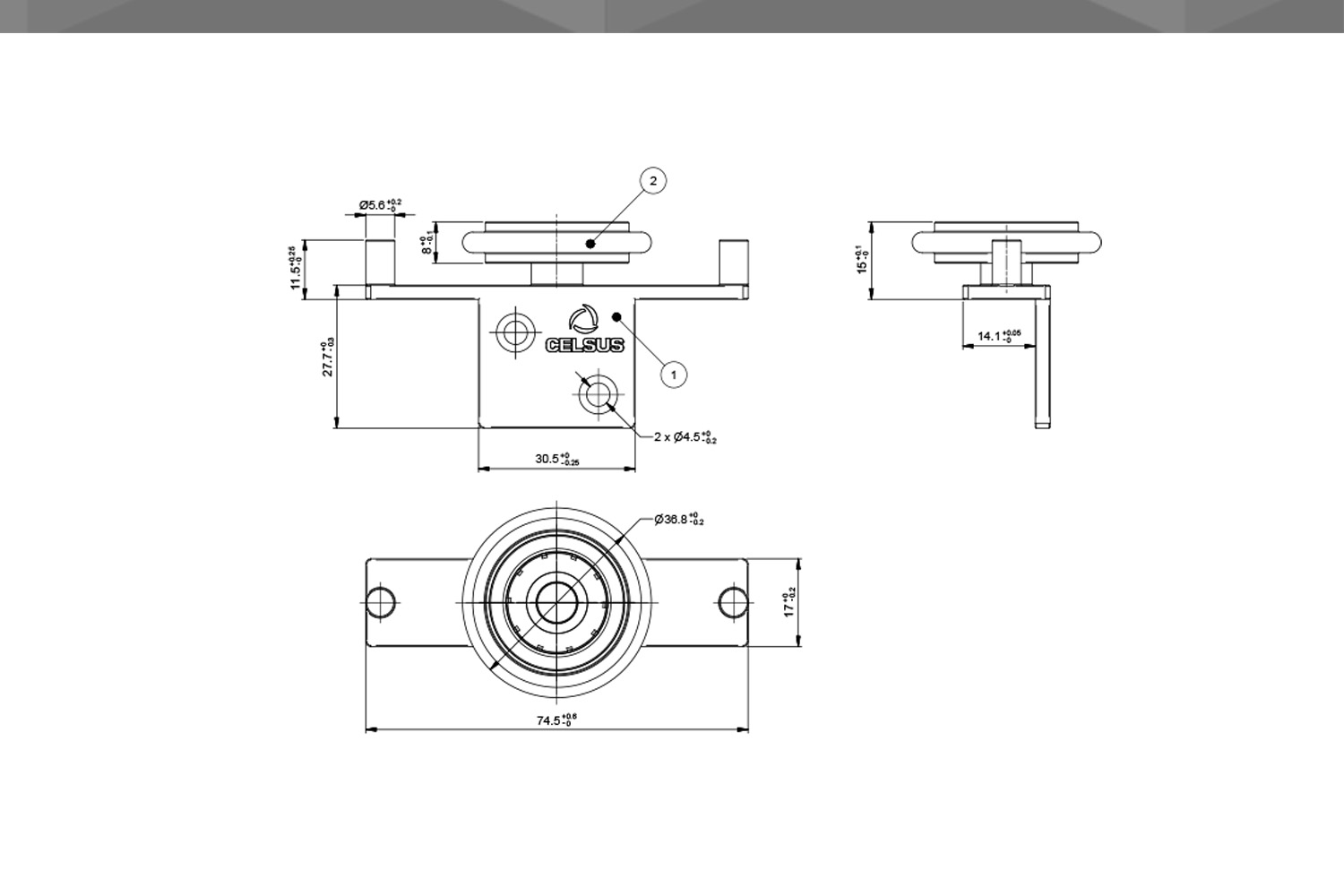 Desenho Técnico Guia RM Cantoneira Chapa Zamak  2,7 x 16,8 mm 1Rodízio Ø36,8 mm TPE Com Rolamento