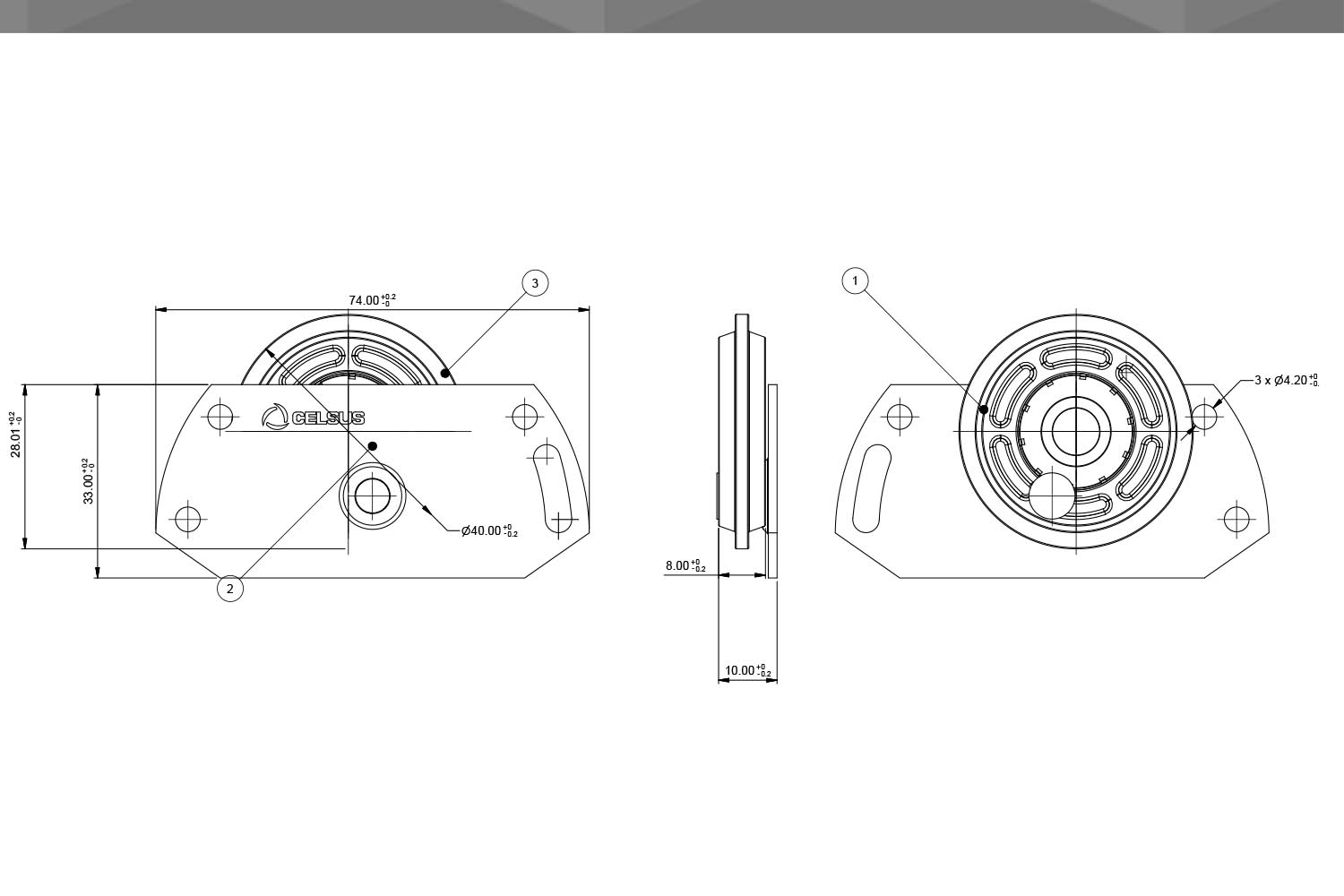 Desenho Técnico Roldana RM chapa repuxada 40mm | sem afastamento | furo deslocado