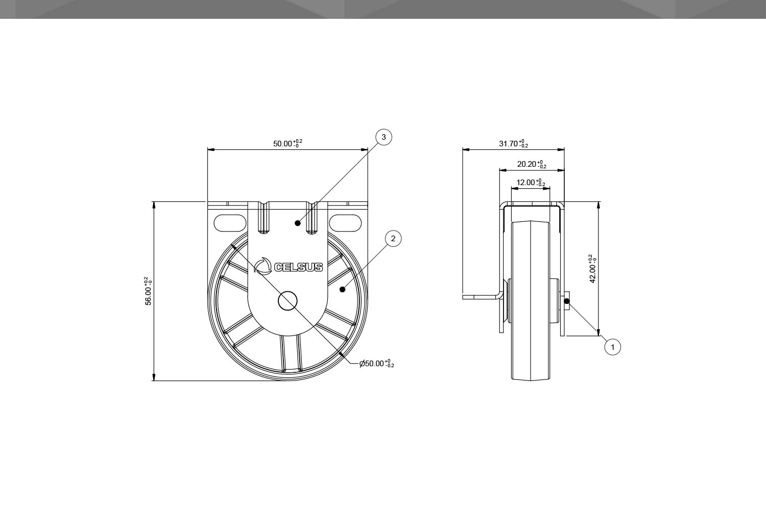 Desenho Técnico Roldana RM Bicama 50mm | nylon sem rolamento | Afastamento 25mm