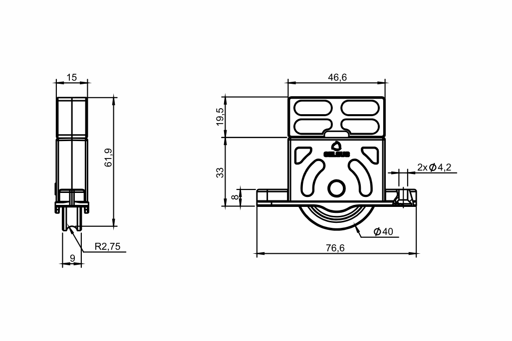 Desenho técnico roldana PVC 04 - H 33mm - Calço 19,5mm
