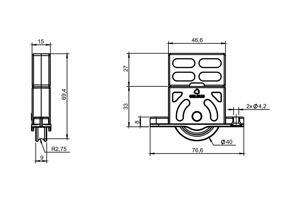 Desenho técnico roldana PVC 04 - H 33mm - Calço 27mm