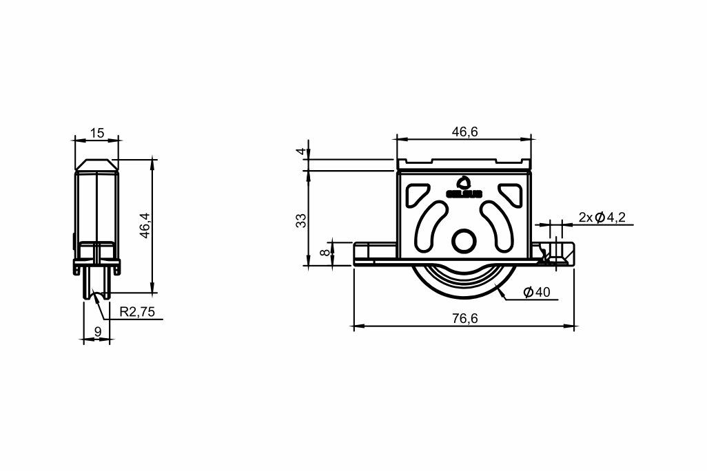 Desenho técnico roldana PVC 04 - H 33mm - Calço 4mm