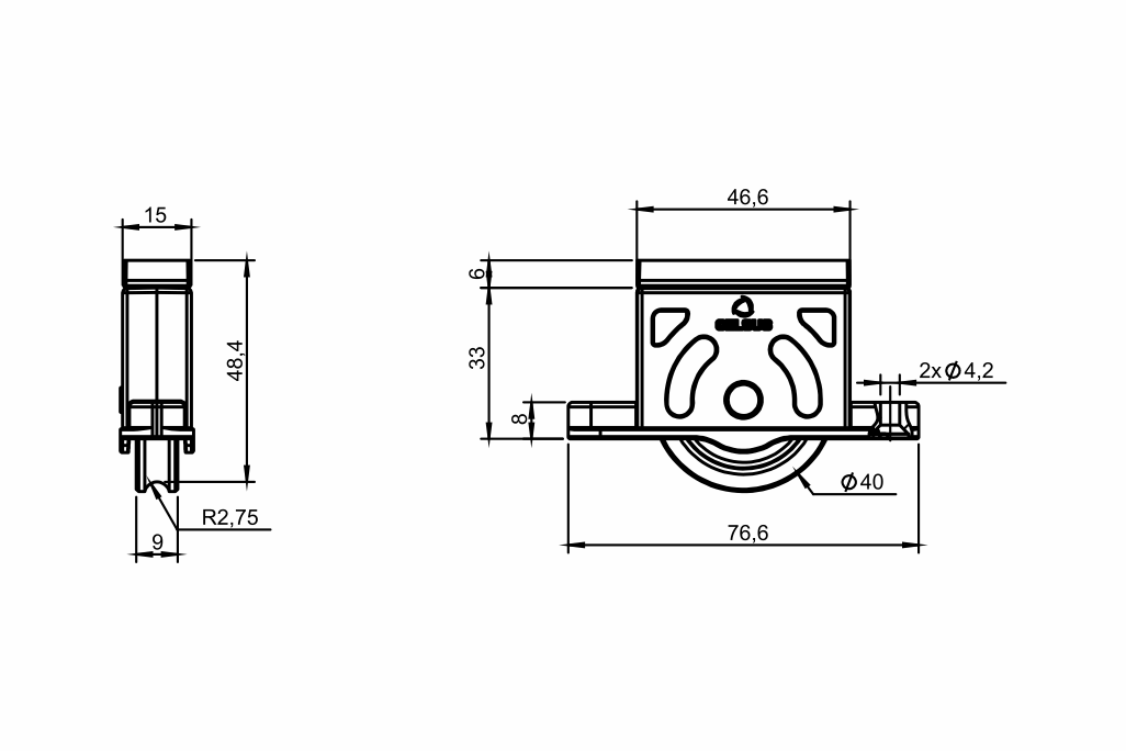 Desenho técnico roldana PVC 04 - H 33mm - Calço 6mm