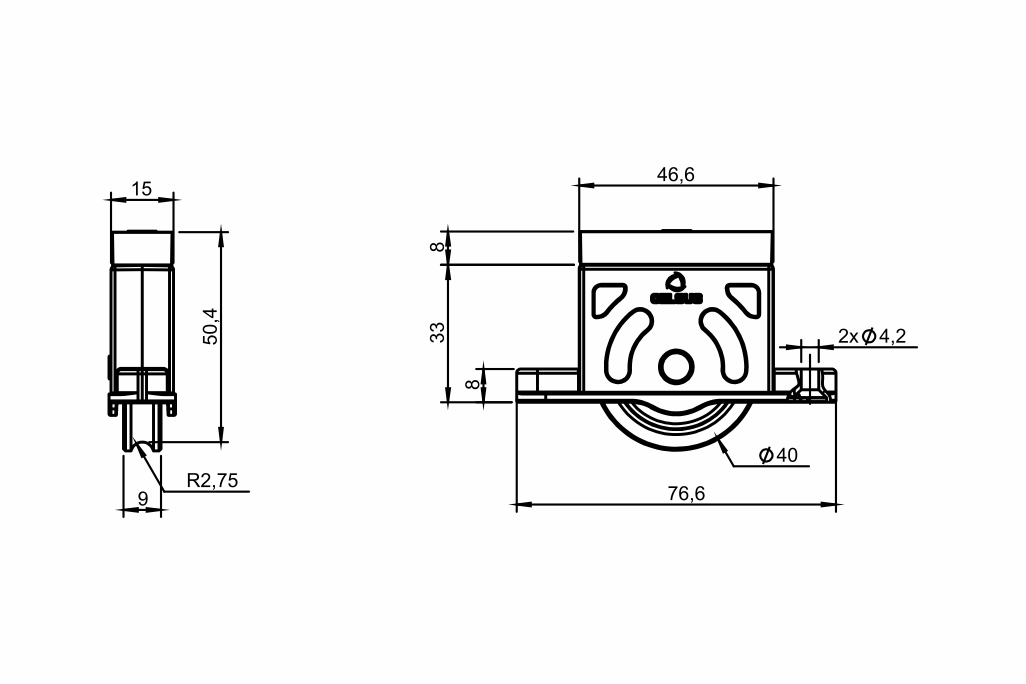Desenho técnico roldana PVC 04 - H 33mm - Calço 8mm