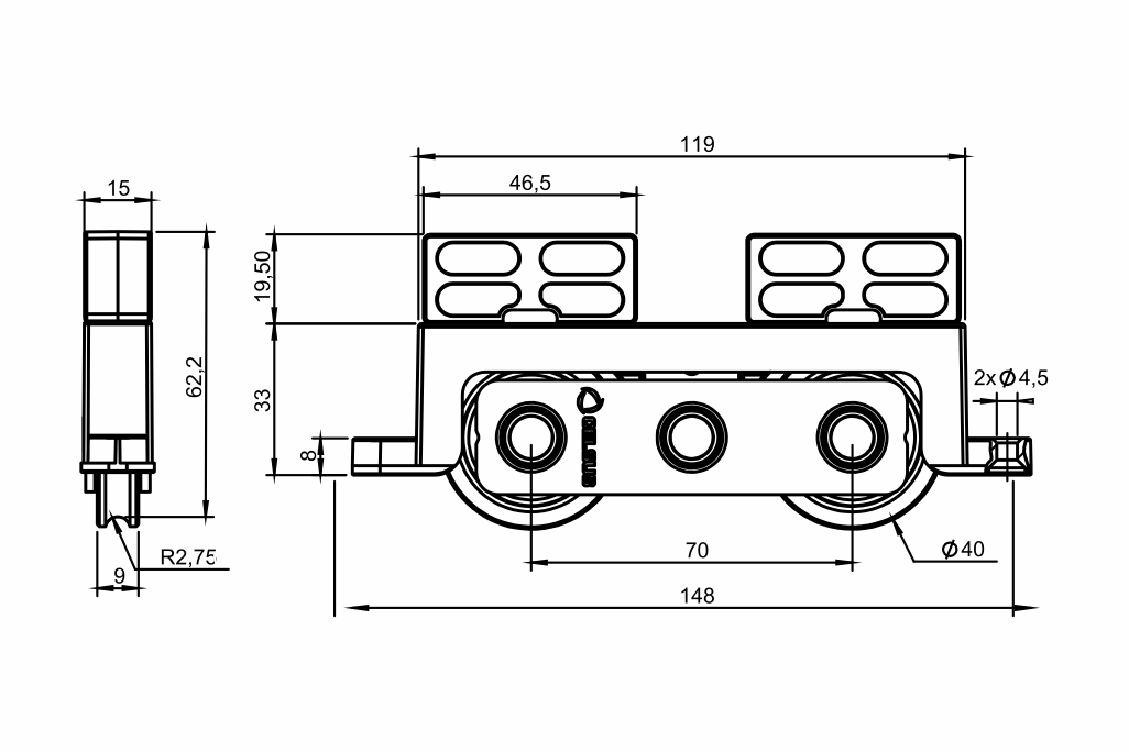 Desenho técnico roldana PVC 05 - H 33mm - Calço 19,5mm