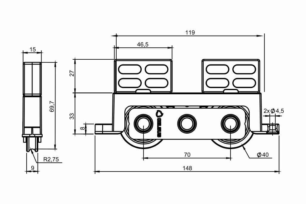 Desenho técnico roldana PVC 05 - H 33MM - Calço 27mm