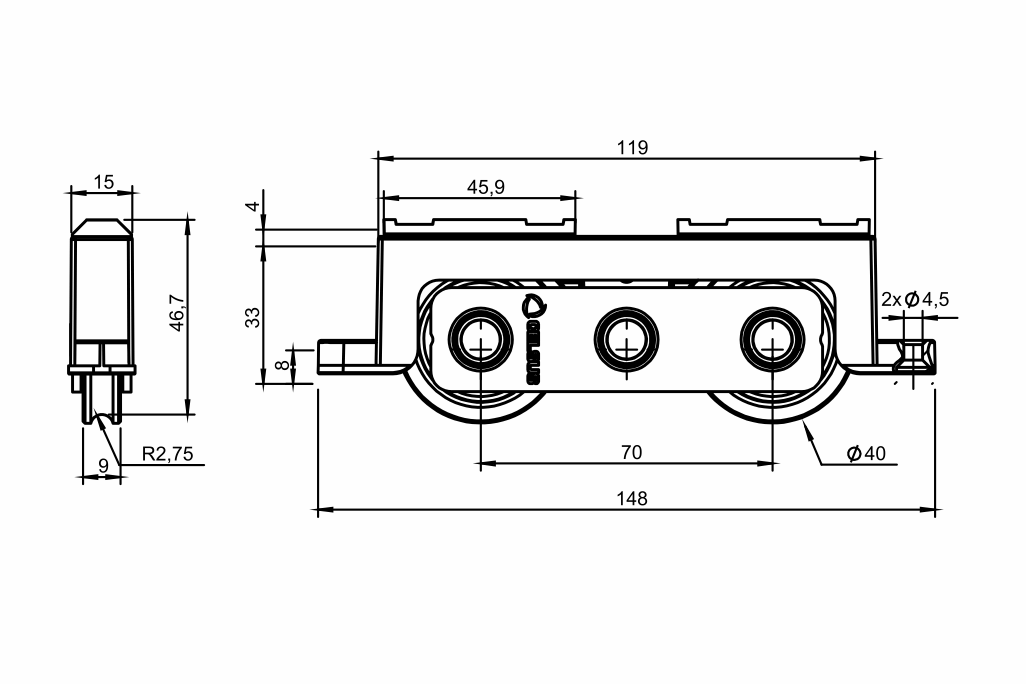 Desenho técnico roldana PVC 05 - H 33mm - Calço 4mm