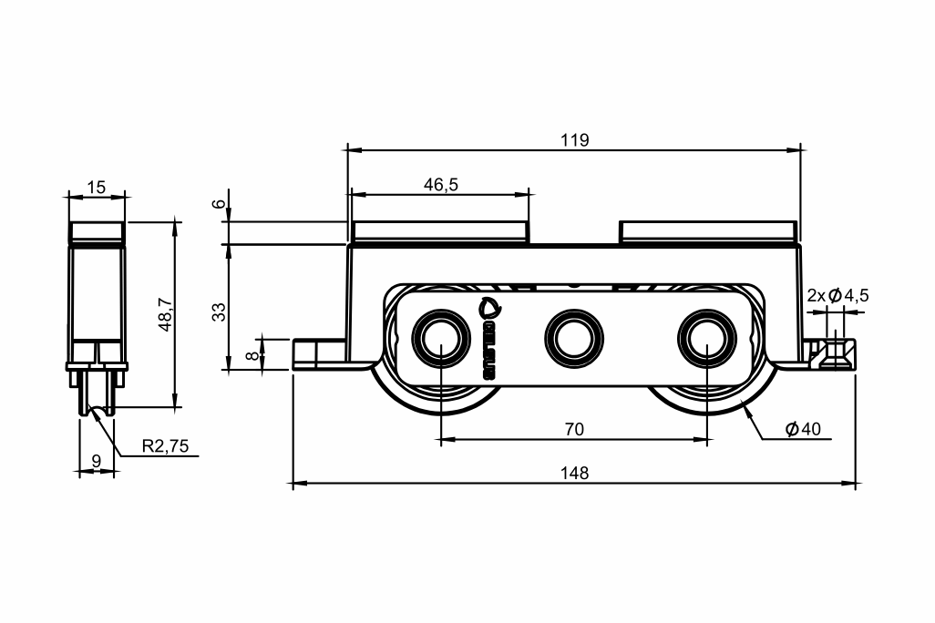 Desenho técnico roldana PVC 05 - H 33mm - Calço 6mm