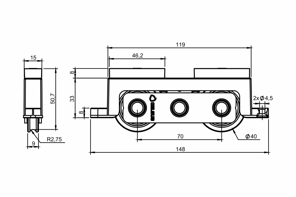 Desenho técnico roldana PVC 05 - H 33mm - Calço 8mm