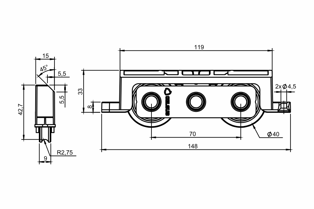 Desenho técnico roldana PVC 05 EF - H 33mm - Chanf. 45